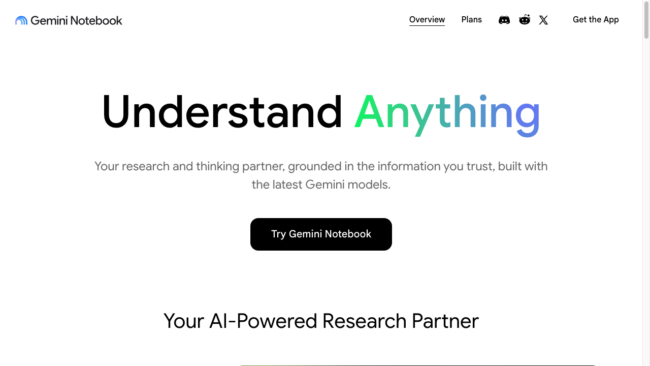 Gemini Notebook marketing page, the current public face of NotebookLM, with a research-partner pitch grounded in user sources