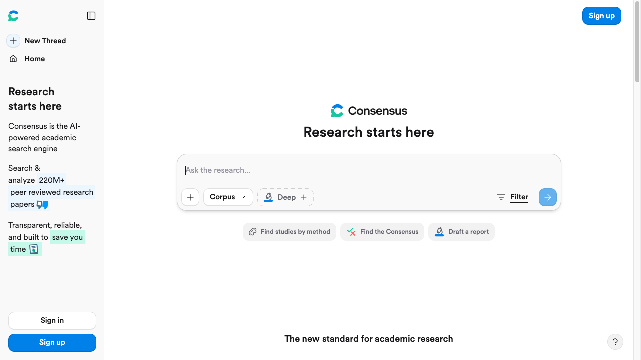 Consensus academic search interface with a research query box, corpus filters, and a Deep search option