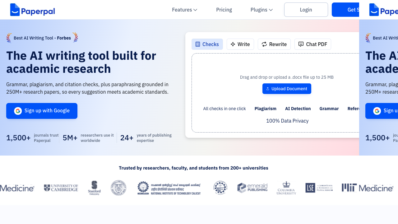 Paperpal academic writing homepage with Checks, Write, Rewrite, and Chat PDF tabs plus document upload