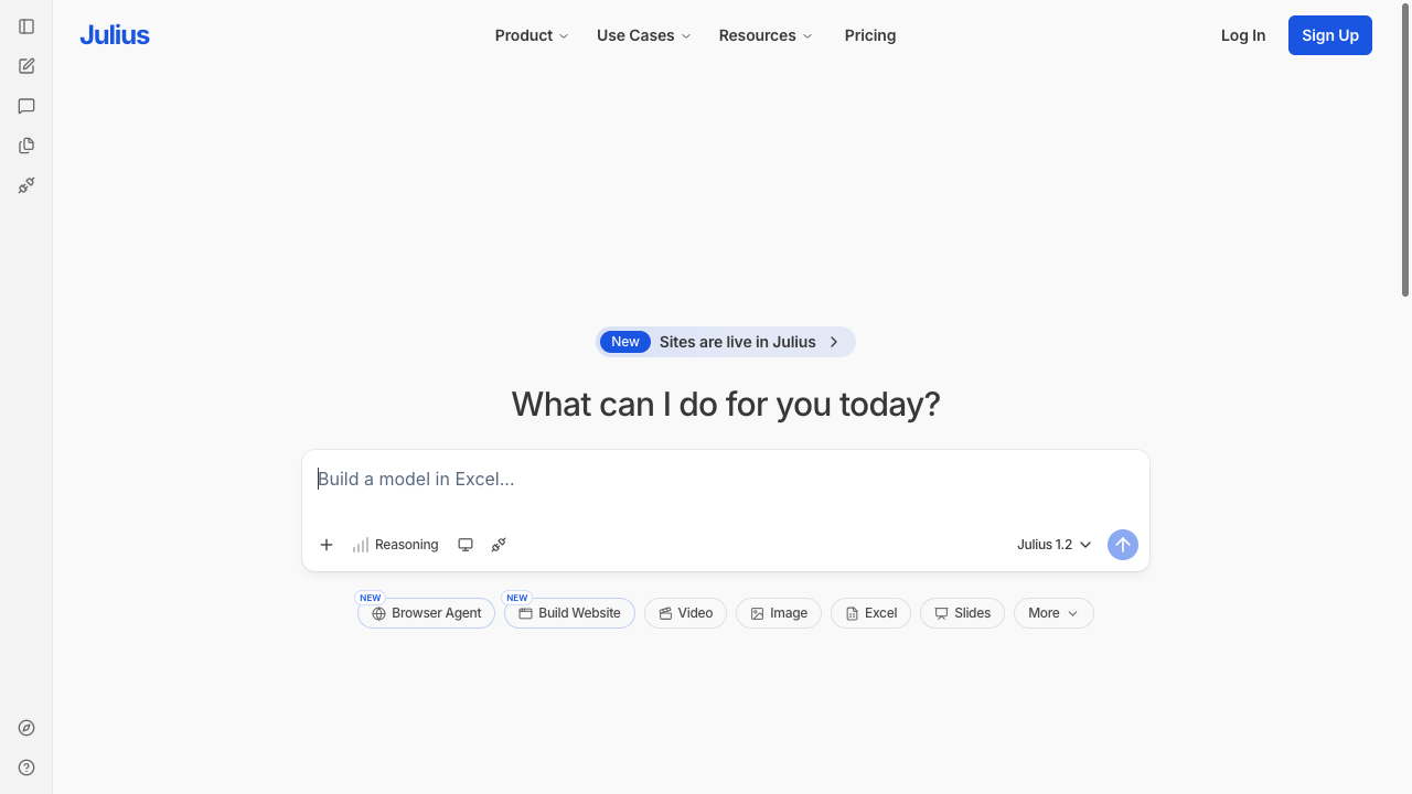 Julius AI prompt box for spreadsheet, chart, and analysis tasks with model and tool shortcuts