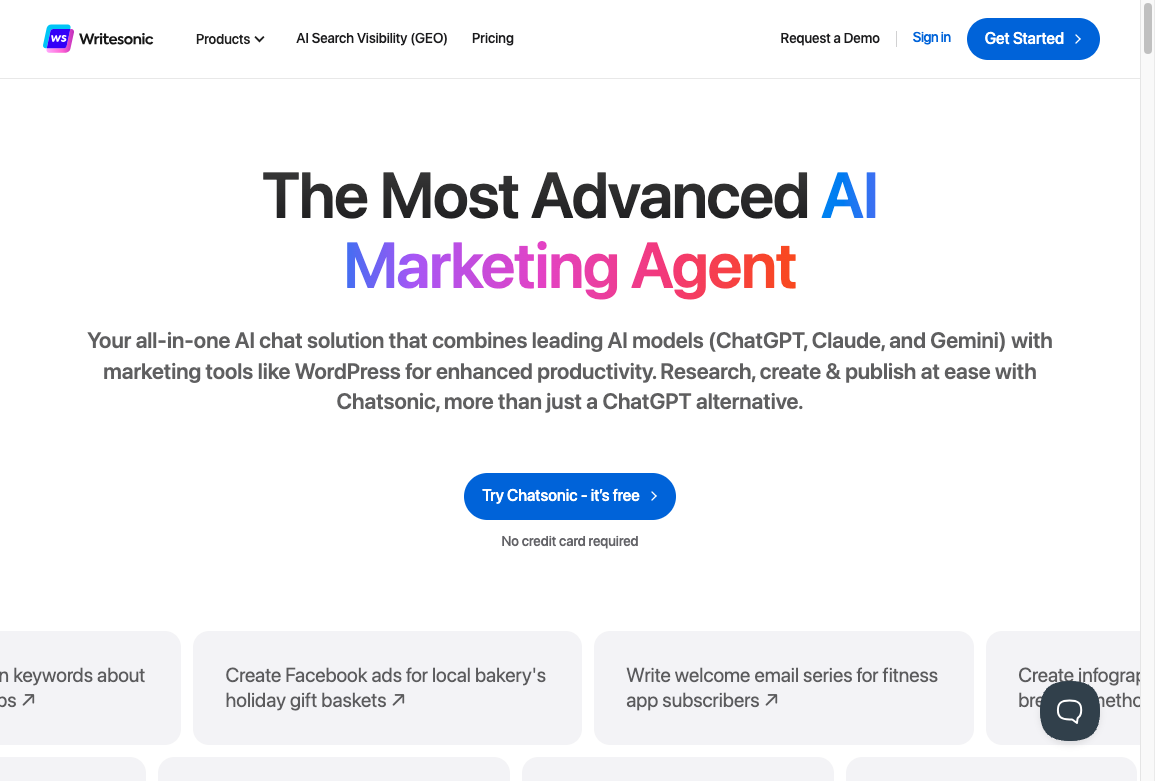 ChatSonic / Writesonic chat homepage offering a ChatGPT-style writing assistant