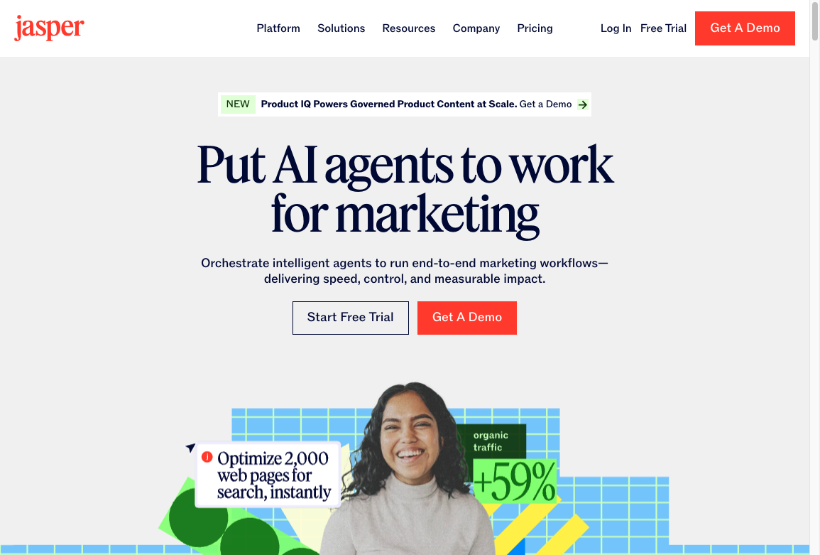 Jasper homepage for brand-controlled marketing content and chat-style drafting