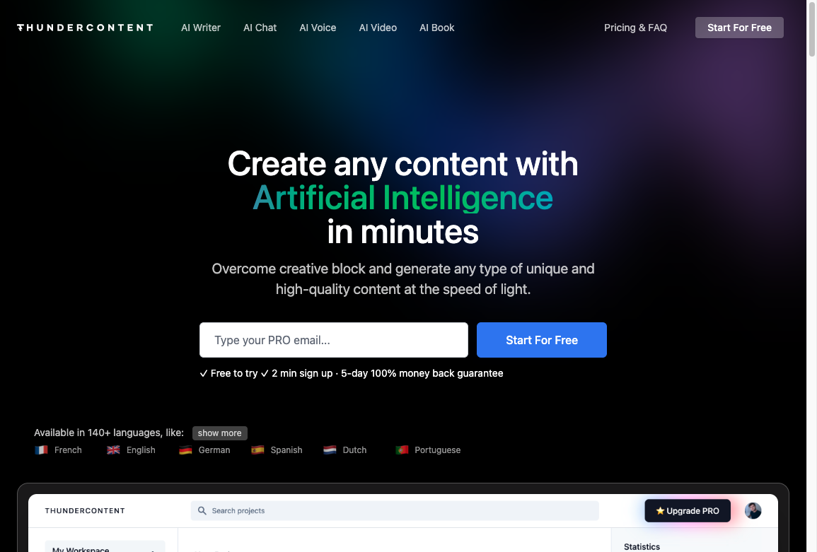 Thundercontent homepage for an AI writer, chat, and voice content platform