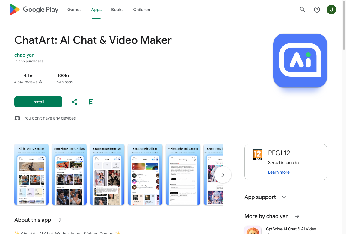 ChatArt listing on Google Play as a mobile AI chat and writing app