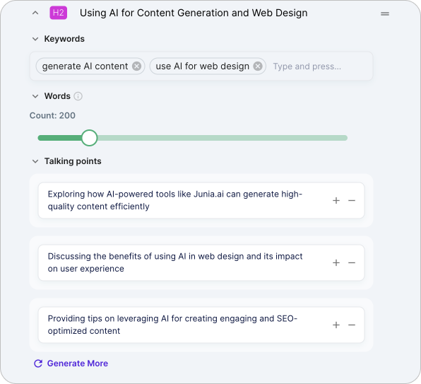 Junia AI outline section with editable keywords, a word-count slider, and individual talking points