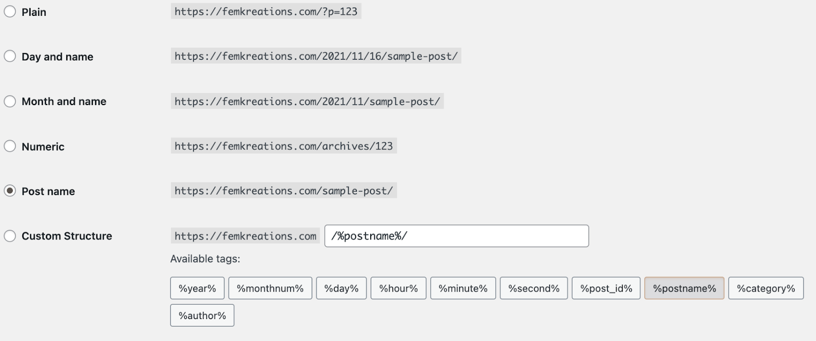 WordPress permalink settings showing Post name selected and a custom URL structure field