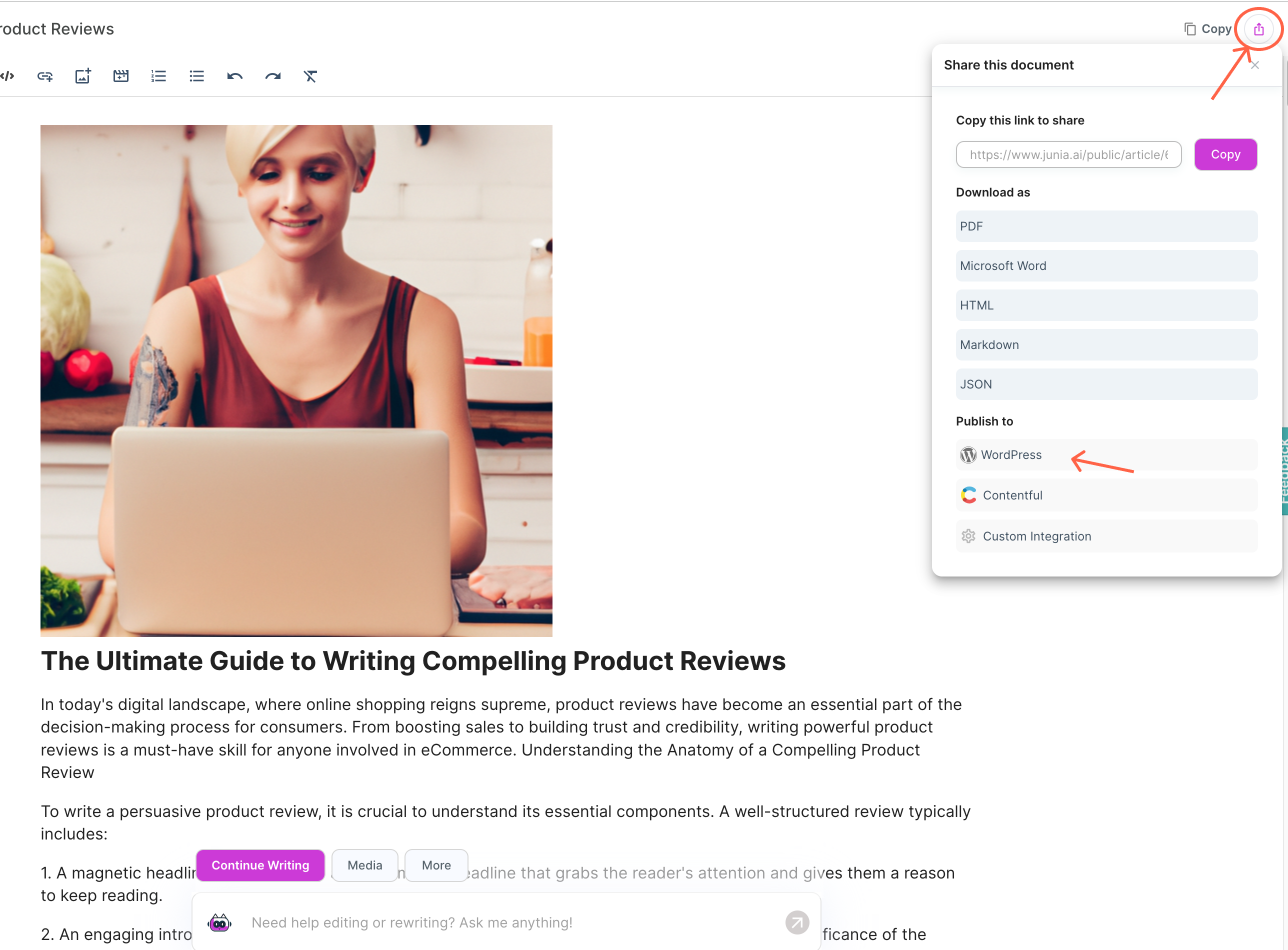 Junia editor sharing menu with WordPress publishing and PDF, Word, HTML, Markdown, and JSON export options