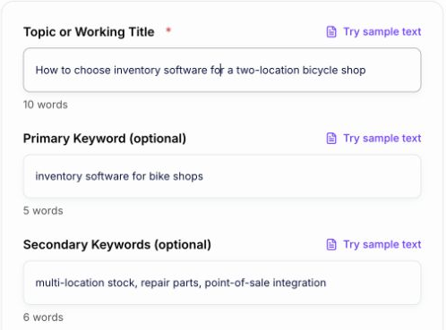 Junia SEO Content Brief Generator filled with a bicycle-shop software topic, primary keyword, and stock-transfer and POS requirements