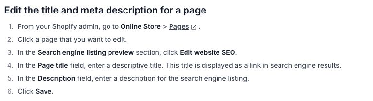 Shopify Help Center steps for opening Edit website SEO and changing a page title and meta description