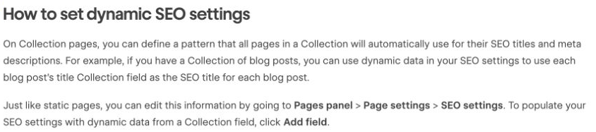 Webflow Help Center explaining dynamic SEO titles and descriptions populated from Collection fields