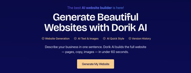 Dorik AI product page listing website generation, AI text and images, Quick Style, and version history