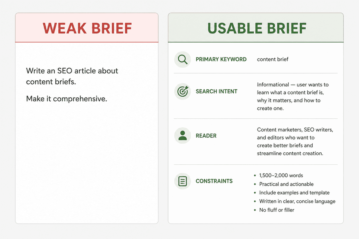 Side-by-side comparison of a weak AI writing brief versus a usable brief with keyword, intent, reader, and constraints