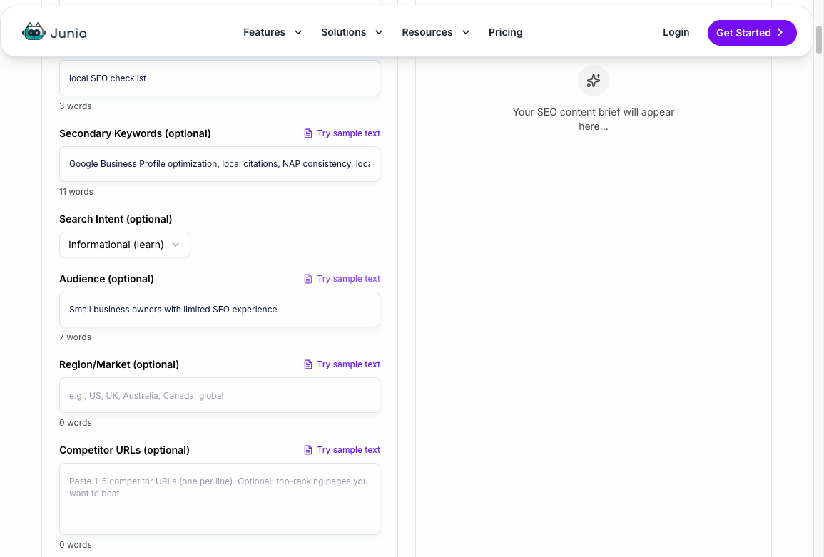 Screenshot of the Junia AI SEO content brief generator with topic, keyword, intent, and audience fields filled in