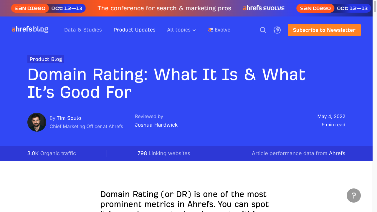 Ahrefs documentation explaining Domain Rating as a link-based site strength metric