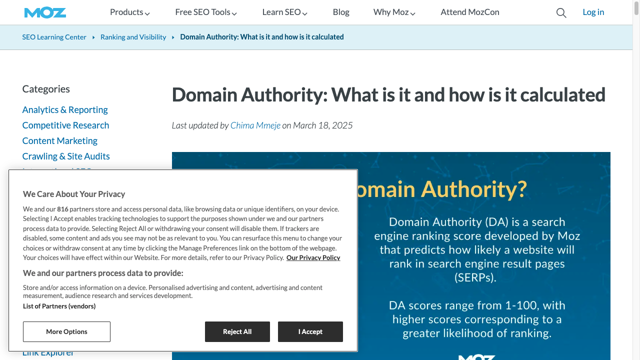 Moz Learn SEO page explaining Domain Authority