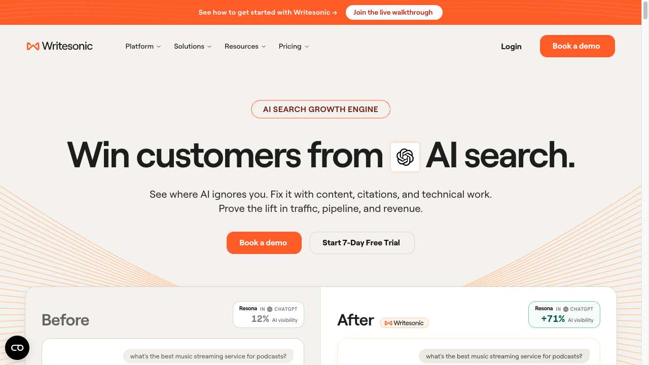 Writesonic homepage showing AI writing and SEO platform positioning