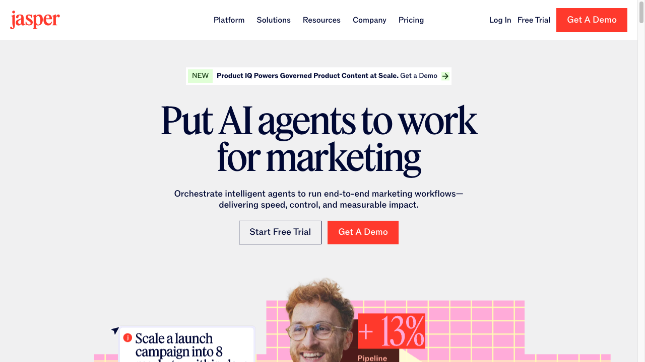 Jasper AI homepage for brand-safe marketing content