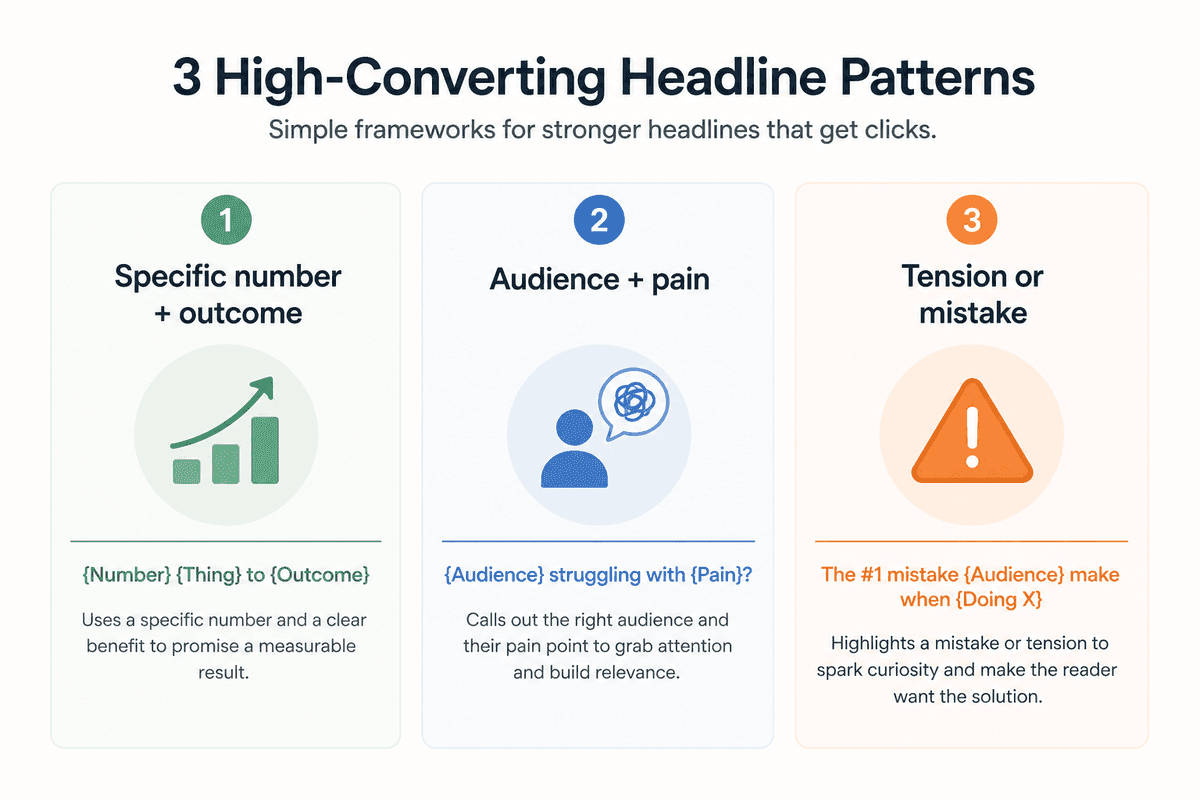 Editorial cards for concrete-outcome, audience-pain, and tension headline patterns