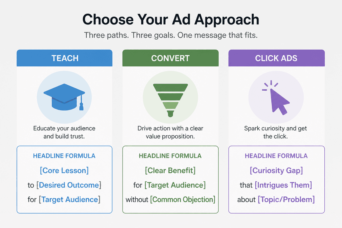 Chooser graphic for Teach, Convert, and Click-ad headline formula paths
