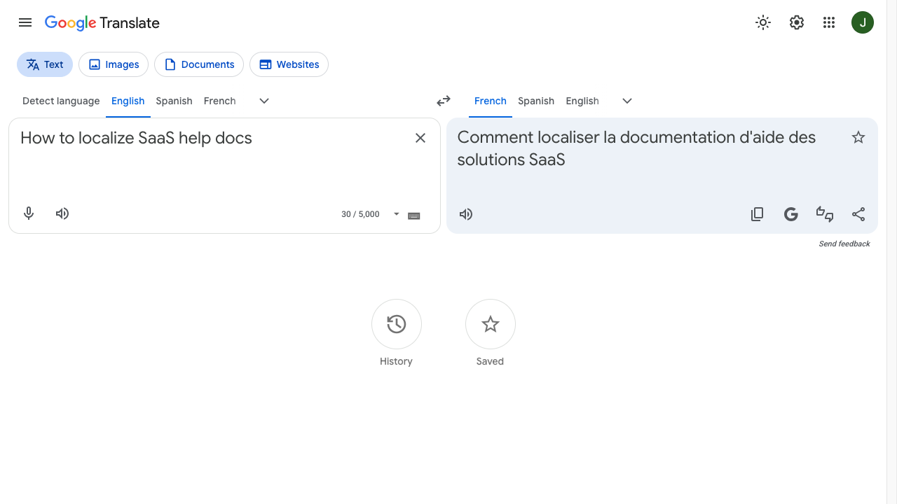 Google Translate interface showing a sample localization sentence