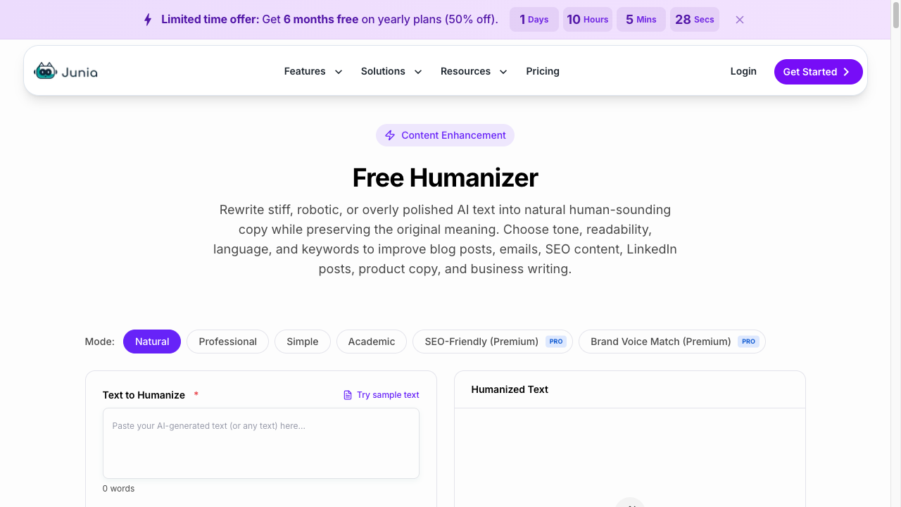 Screenshot of the Junia AI humanizer tool interface