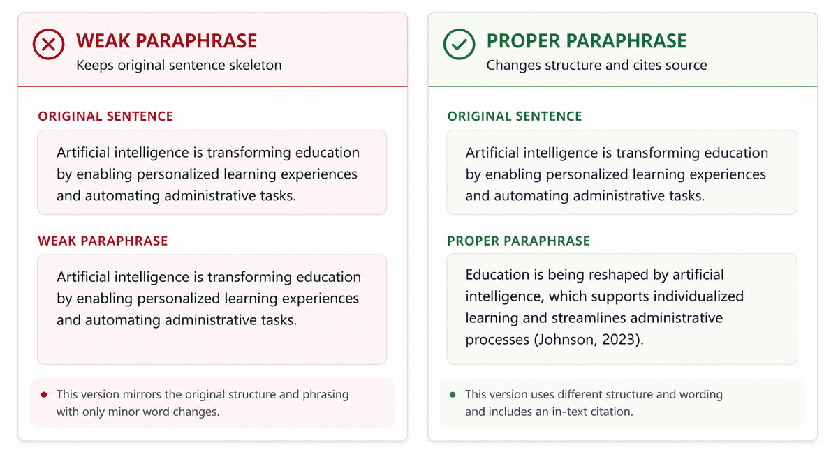 Weak vs proper paraphrase comparison cards showing structure change and citation