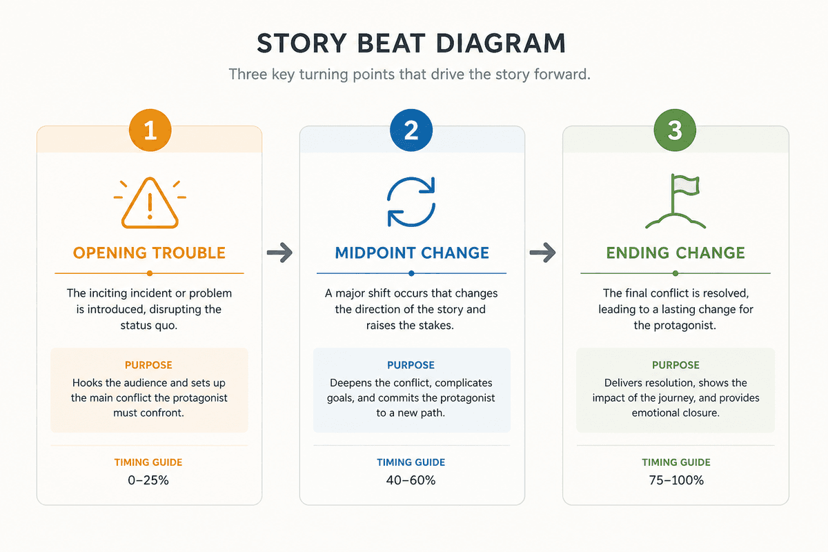 Three-beat short story diagram: opening trouble, midpoint change, ending change