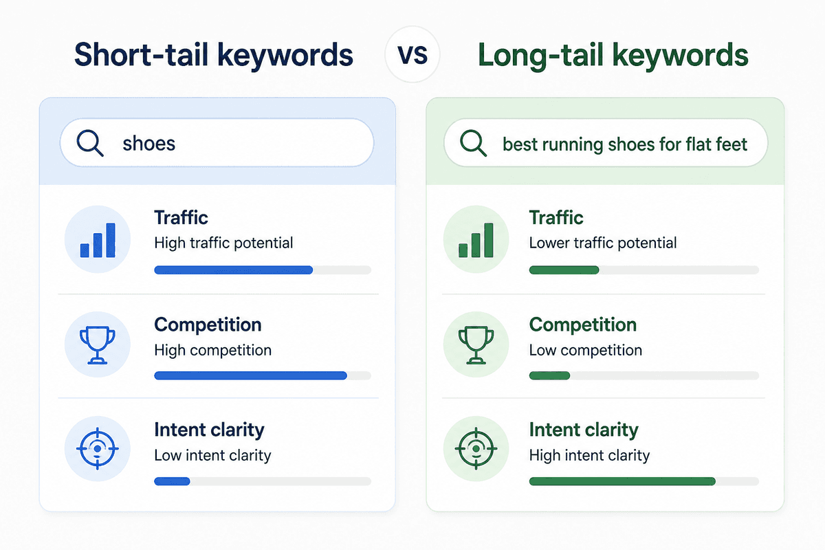 Short-tail versus long-tail keywords comparison cards for traffic and intent