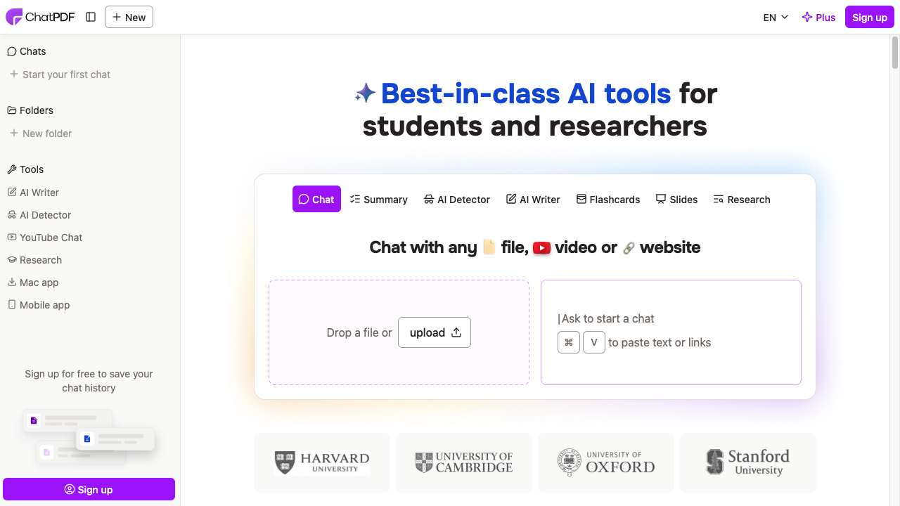 ChatPDF homepage for chatting with PDF documents