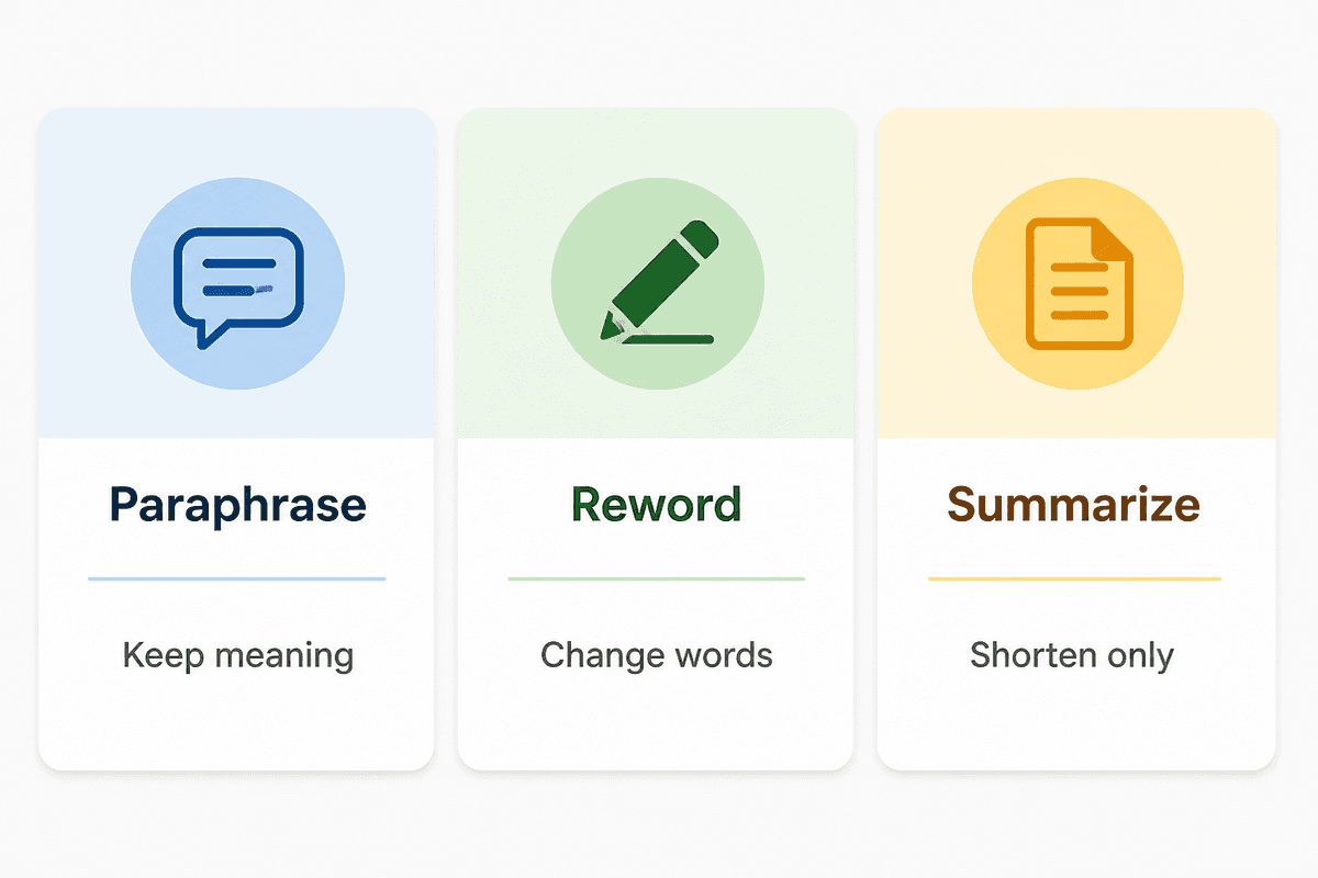 Three-way comparison of paraphrase, reword, and summarize