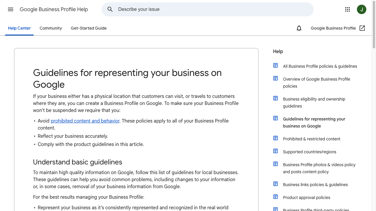 Screenshot of Google Business Profile help documentation for optimizing local business listings