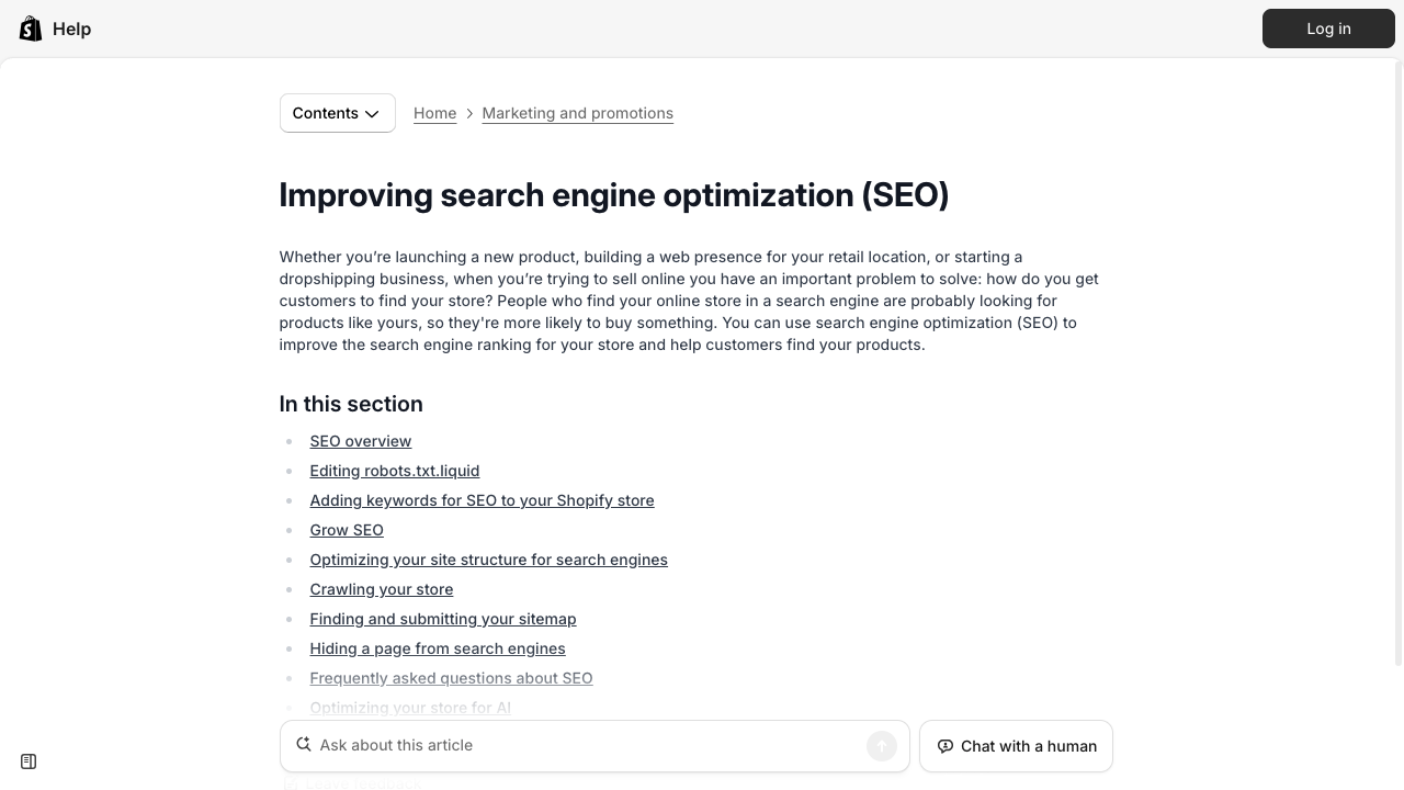 Screenshot of Shopify help documentation on promoting marketing and SEO settings