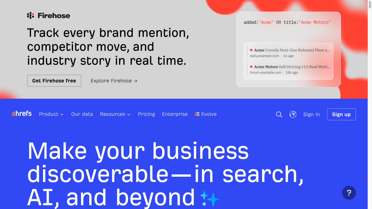 Screenshot of Ahrefs homepage used as a Semrush alternative for backlink and competitor research