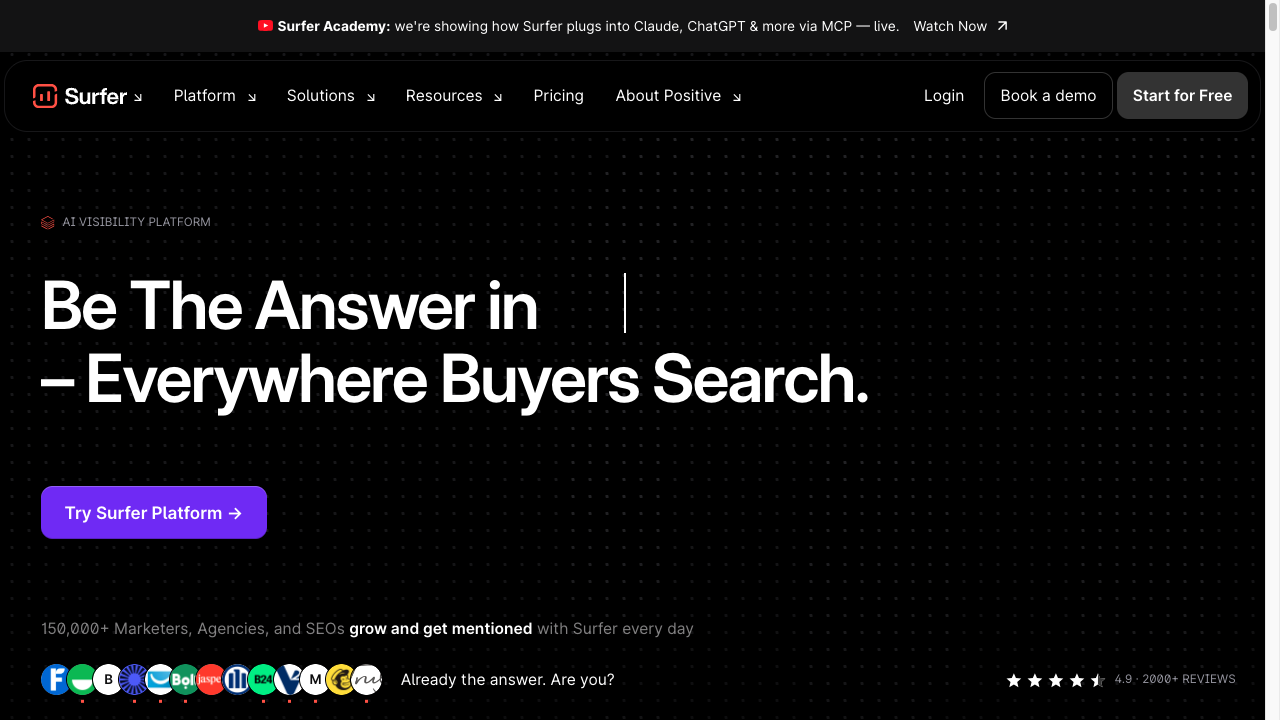 Screenshot of Surfer SEO homepage for on-page optimization and content scoring