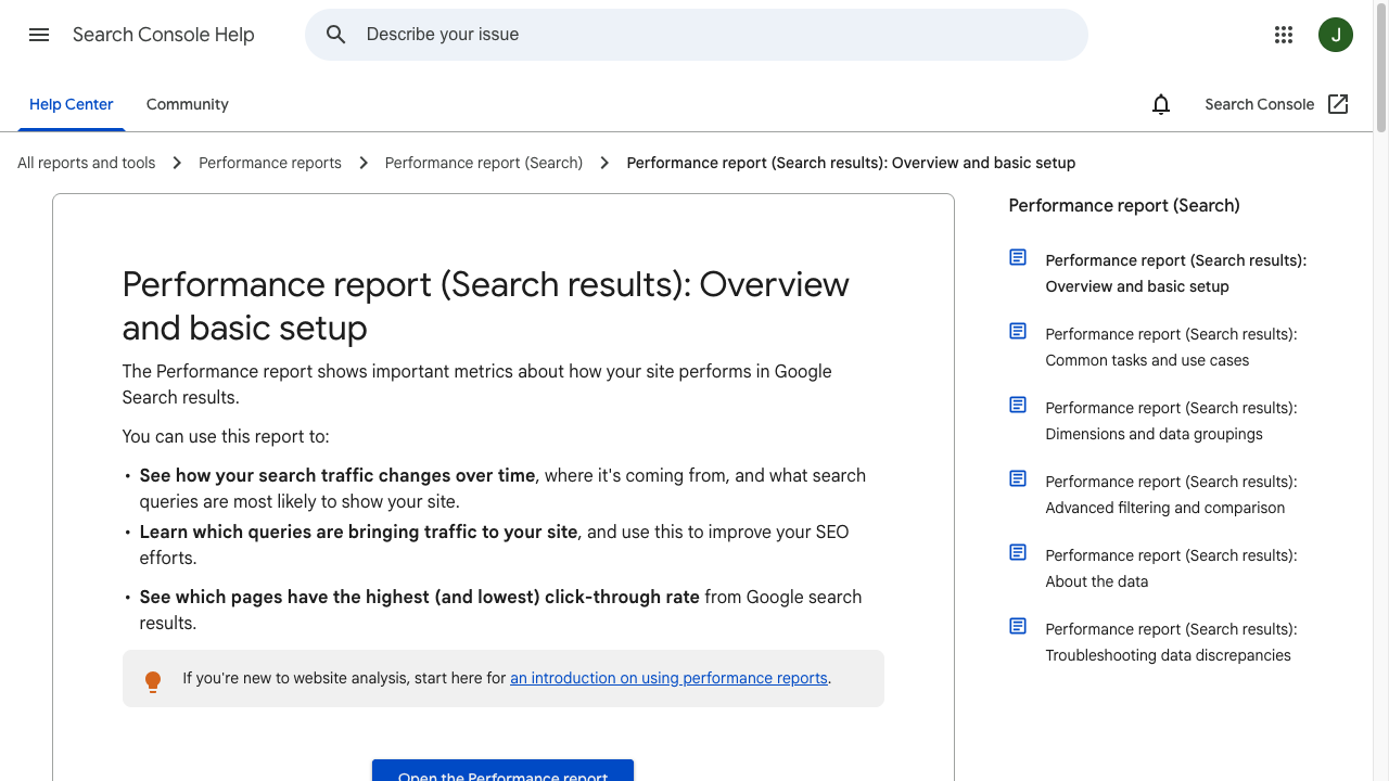 Screenshot of Google Search Console performance documentation for measuring funnel SEO queries