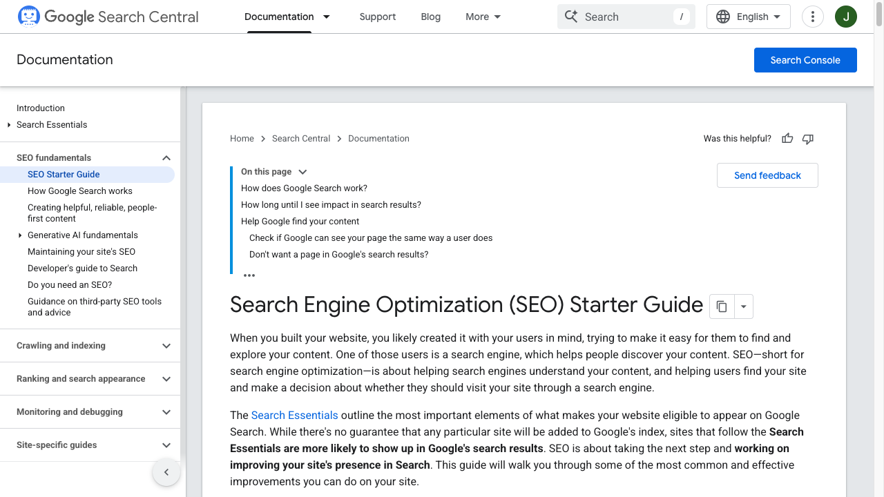 Screenshot of Google Search Central SEO starter guide covering foundational best practices