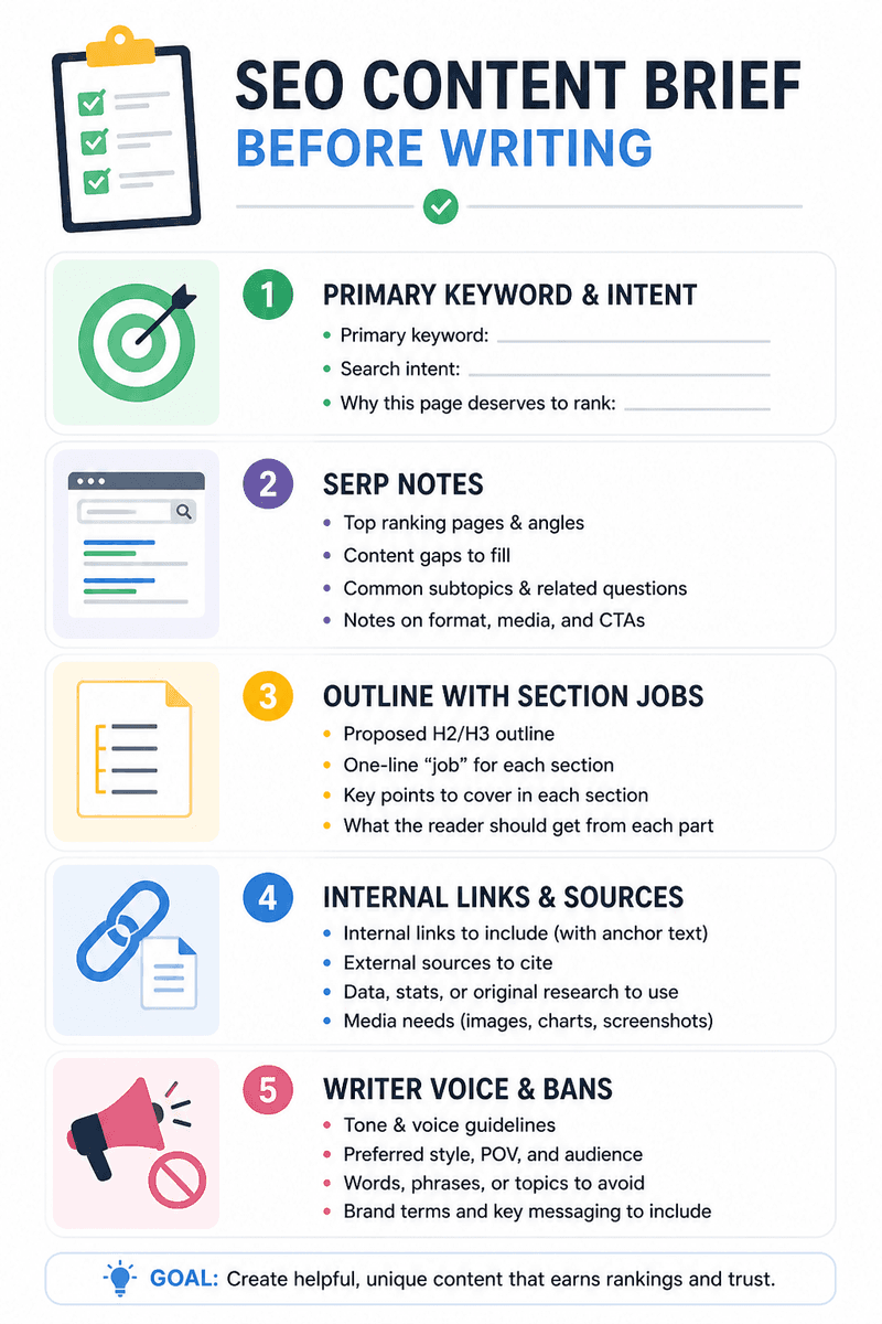 Editorial checklist graphic for what to include in an SEO content brief before writing