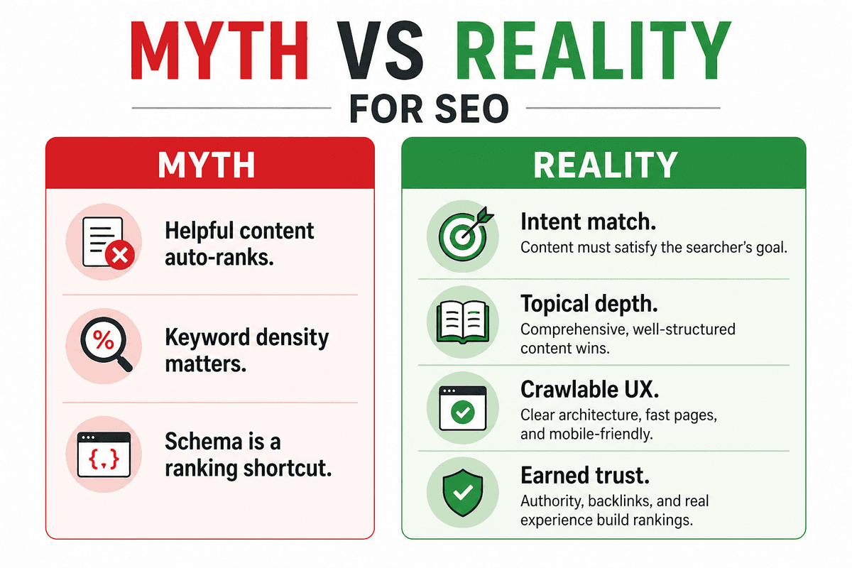 Editorial infographic comparing common SEO myths versus ranking realities