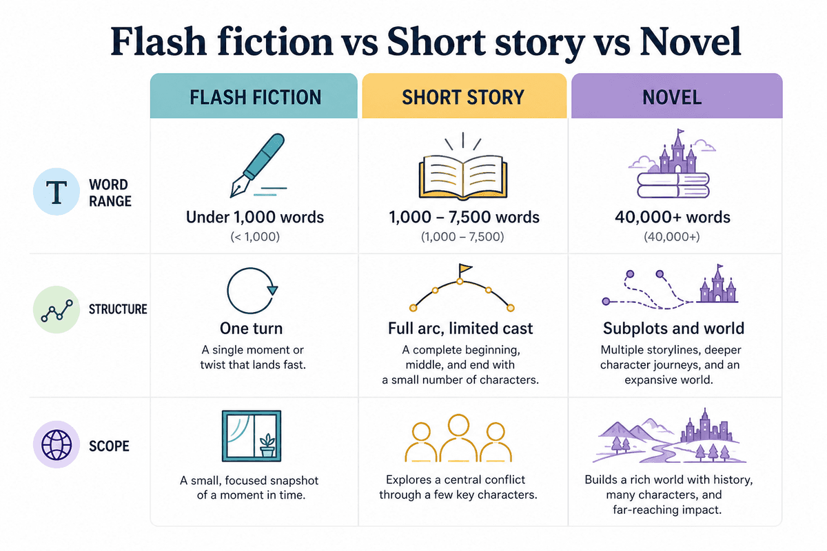Editorial comparison chart of flash fiction vs short story vs novel forms for studying genre examples