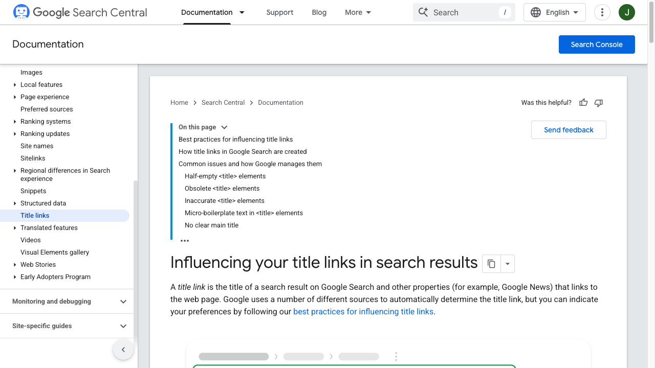 Screenshot of Google documentation explaining how title links are generated and displayed in search