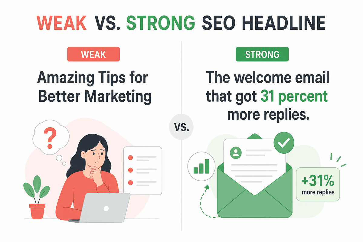 Editorial infographic comparing a weak vague headline to a specific strong SEO headline