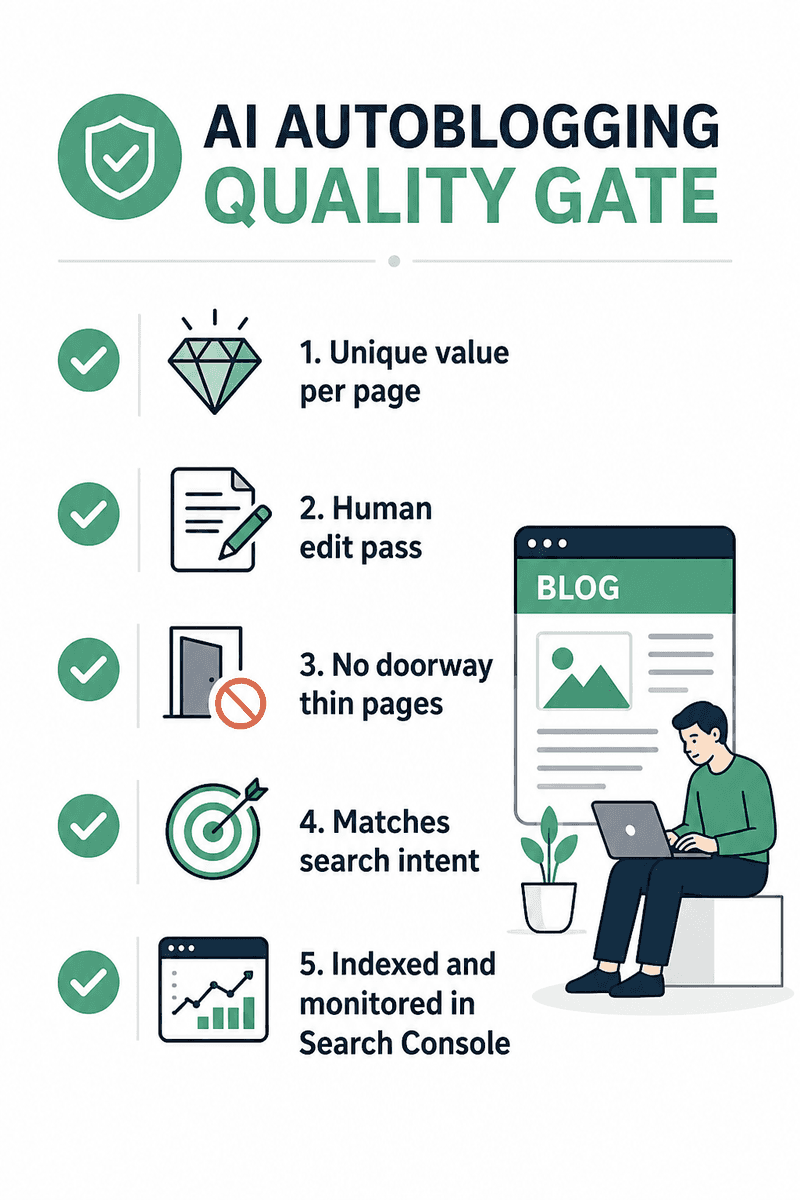 Editorial checklist graphic for AI content workflow quality gates while shipping faster