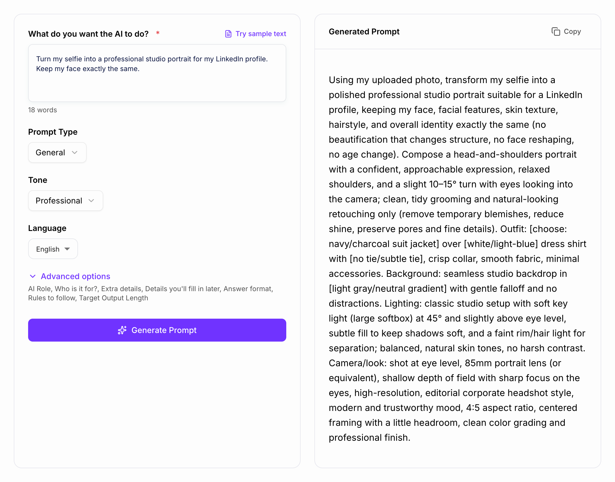ChatGPT prompt generator turning a selfie request into a detailed photo editing prompt
