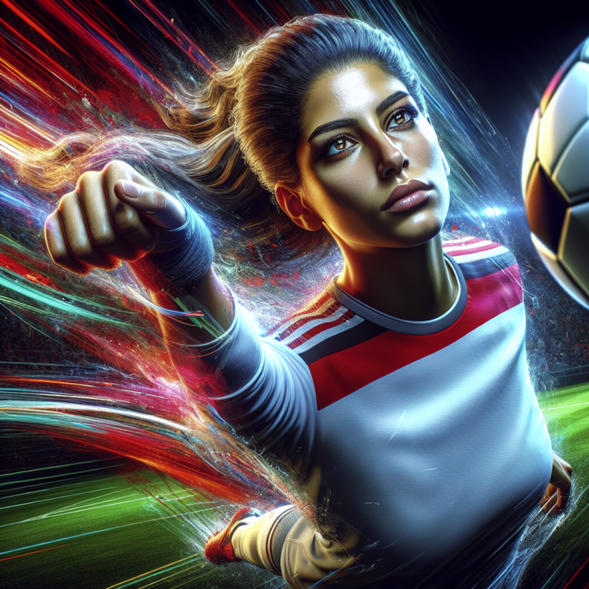A Middle-Eastern female soccer player in the middle of a powerful kick, exuding intense focus and determination, with vibrant colors and dynamic lines accentuating her superb play control.