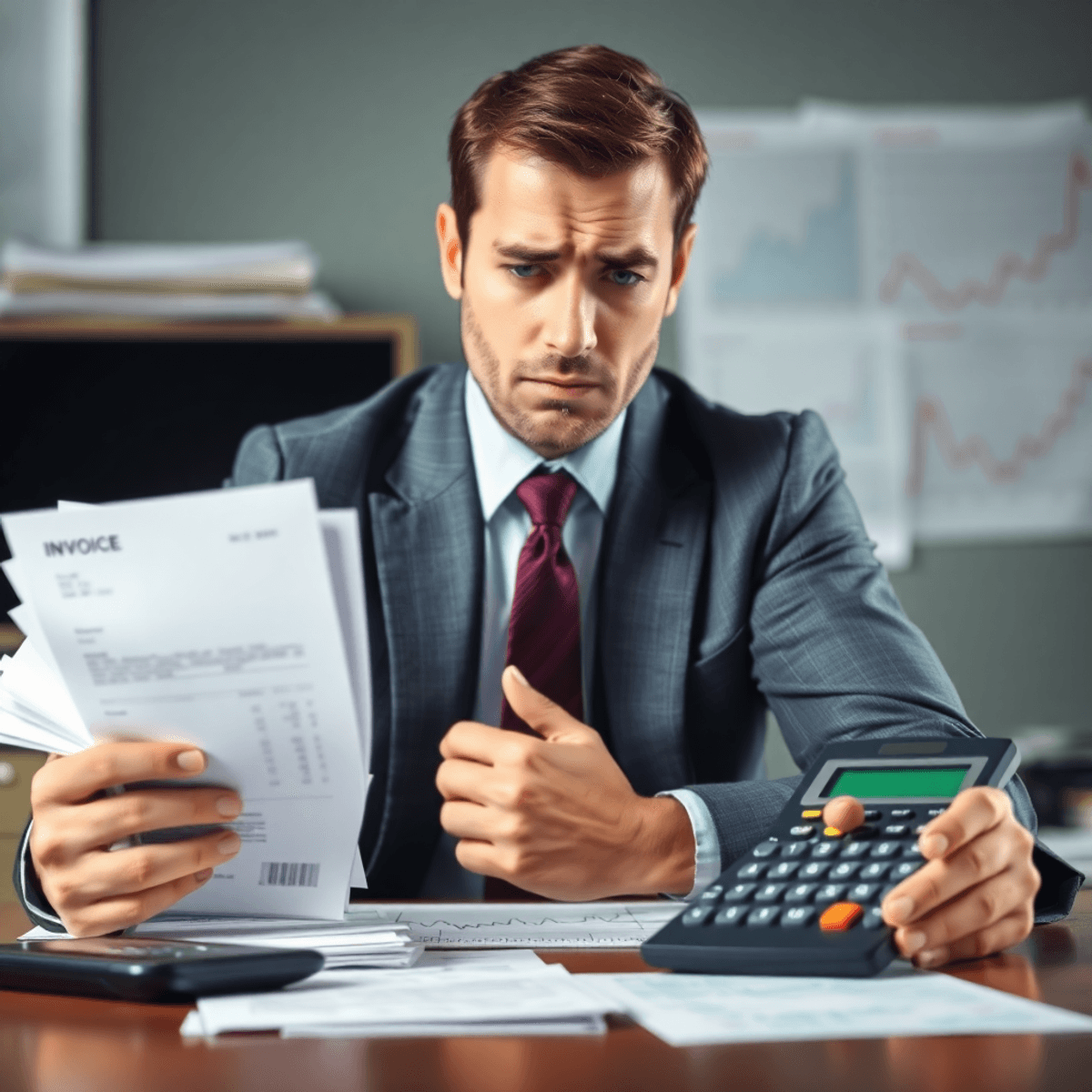 distressed business person examines unpaid invoices and a calculator, symbolizing cash flow issues in a corporate office setting. Financial charts are subtly visible in the background.
