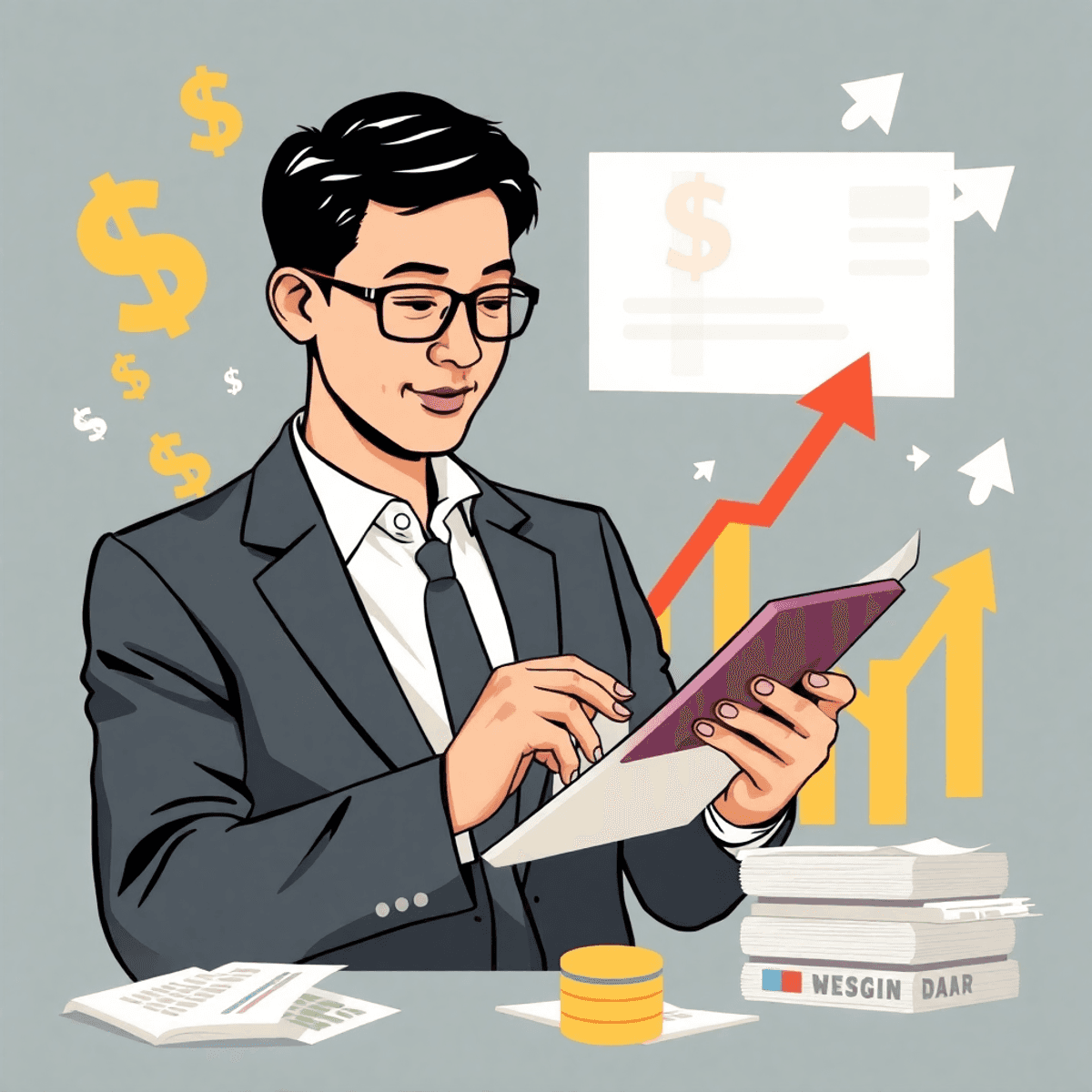 ビジネスプロフェッショナルが電卓を使って財務書類を分析しており、周囲にはドルマークや上向き矢印があり、キャッシュフローや財務成長を象徴しています。