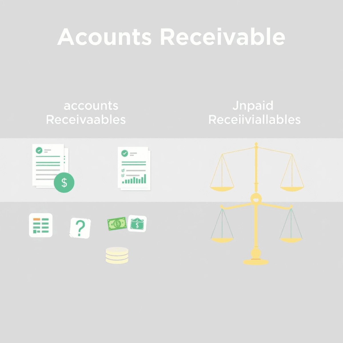 請求書、キャッシュフローチャート、バランススケールを特徴とした、クリーンでプロフェッショナルなデザインの未収金および売掛金を示すグラフィック。