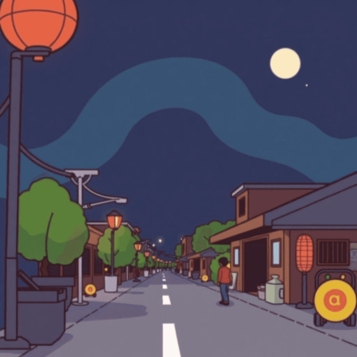 軽貨物車両が都市の賑やかな道路を走り、高層ビルが背景に広がる活気あるシーンのカートゥーンスタイルの画像。