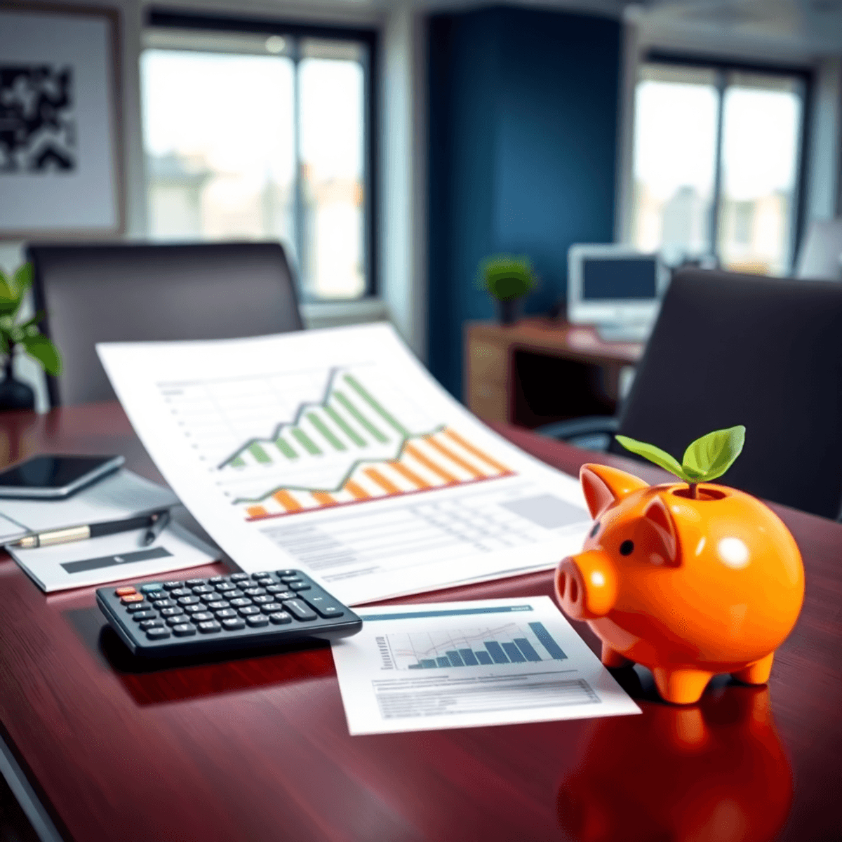 現代的なオフィスデスクには、財務書類、電卓、上昇トレンドのグラフ、貯金箱が揃っており、明るく魅力的なカラースキームで彩られています。