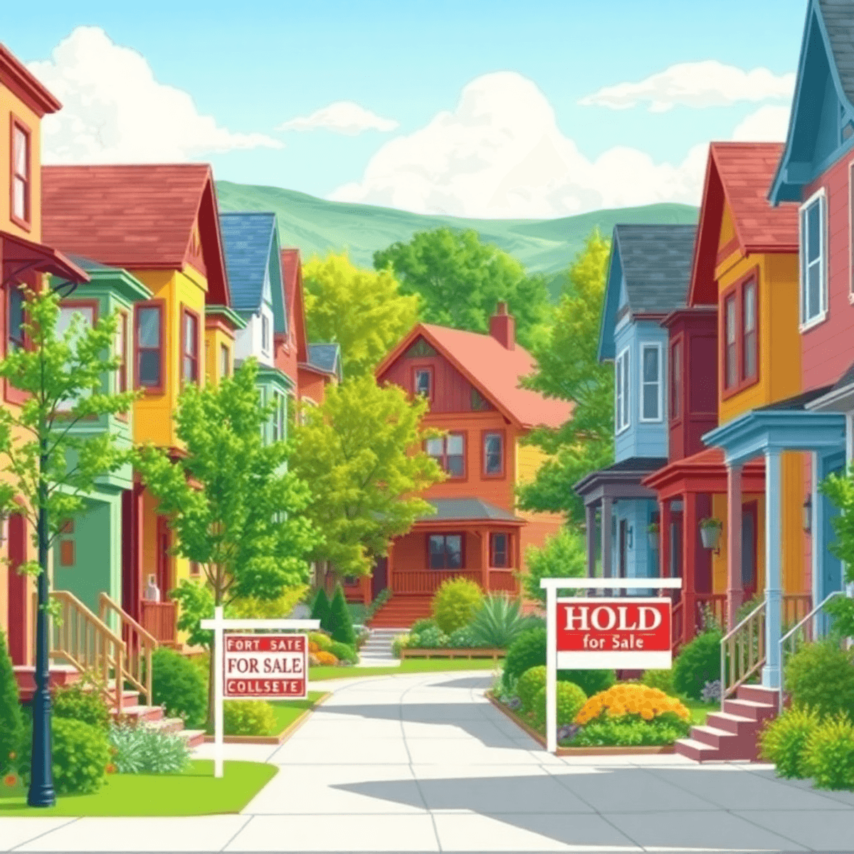 Denver street with colorful homes, greenery, and a “For Sale” sign in a vibrant neighborhood